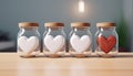 Glass jars with containing white and red hearts. Concept of finding mister right on Valentine\'s Day