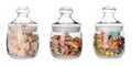 Glass jars with different candies on white background, collage. Banner design