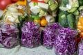 Glass jars with different colors, types, shapes of vegetables, vegetables prepared for home canning, autumn harvest time Royalty Free Stock Photo