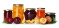 Glass jars with different pickled fruits and jam on background Royalty Free Stock Photo