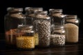 Glass jars with different types of beans and grains on a wooden table. Black background. Generative AI Royalty Free Stock Photo