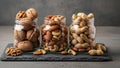Glass jars filled with different types of nuts are arranged on a Royalty Free Stock Photo