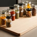 Glass jars filled with various spices are neatly arranged on a light wood cutting board. Each jar Royalty Free Stock Photo