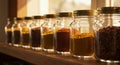 Glass jars filled with various spices are neatly arranged on a wooden Royalty Free Stock Photo