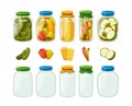 Glass Jars Filled With Vibrant, Neatly Arranged Canned Goods Such As Cucumbers, Peppers And Corn Cobs Cartoon Vector Set