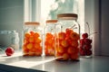 Glass jars filled of yellow cherries are on the table. Fruit for snack or for cooking pastry, jam or other food