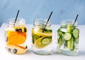 Glass Jars of Fresh Infused Water Made With Organic Fruits Vegetables and Berry Healthy Detox Drink Horizontal Royalty Free Stock Photo