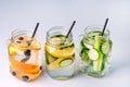 Glass Jars with Fresh Infused Water Made With Organic Fruits and Vegetables Healthy Detox Drink Above Horizontal Royalty Free Stock Photo