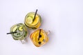Glass Jars with Fresh Infused Water Made With Organic Fruits and Vegetables Healthy Detox Drink Top View Copy Space