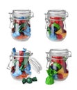 Glass jars full of tasty candies in colorful wrappers on white background, collage Royalty Free Stock Photo