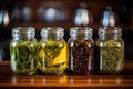 glass jars with green, oolong, and black tea leaves