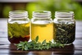 glass jars with green, oolong, and black tea leaves