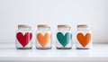 Glass jars with hearts in different colors. Concept of finding mister or misses right on Valentine\'s Day and online dating