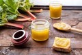 Glass jars of homemade rhubarb jam