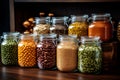 Glass jars house a variety of legumes and beans, including dried and fresh options