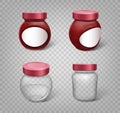 Glass jars with jam and empty mockups isolated with template branding stickers