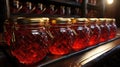 Glass jars with jam on shelf in cellar, closeup. Space for text. Generative AI.