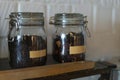 glass jars with loose leaf tea with stickers for writing Royalty Free Stock Photo