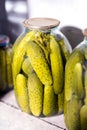 Glass jars with marinated cucumbers on shelf in the cellar