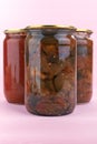 Glass jars with marinated eggplant