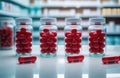 Glass jars with medicines, red pills, capsules on glass surface on background of pharmacy shelves. Prescription drugs