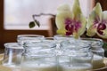 Glass jars with natural homemade organic yogurt in yogurt maker. Nearby is a delicate pink orchid flower Royalty Free Stock Photo