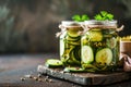 Glass jars with pickled cucumbers. Marinated pickled cucumbers