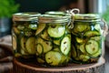 Glass jars with pickled cucumbers. Marinated pickled cucumbers