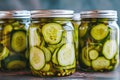 Glass jars with pickled cucumbers. Marinated pickled cucumbers