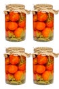Glass jars with pickled tomatoes. Preparations for the winter, vitamins and natural products. Set, collage. Isolated on white Royalty Free Stock Photo
