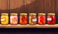 Glass jars with pickled vegetables and fruit. AI generated