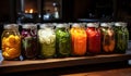 Glass jars with pickled vegetables and fruit. AI generated