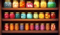 Glass jars with pickled vegetables and fruit. AI generated