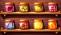 Glass jars with pickled vegetables and fruit. AI generated