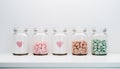 Glass jars with pink hearts and beach pebbles. Concept of finding mister right on Valentine\'s Day and online dating
