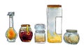 Glass jars with spice. Hand drawn cartoon watercolor set Royalty Free Stock Photo