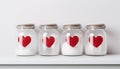 Glass jars with sugar and heart symbols on kitchen cupboard. Concept of cooking with love and Valentine\'s Day Royalty Free Stock Photo