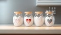 Glass jars with sugar and heart symbols on modern kitchen counter. Concept of cooking with love for romantic dinner Royalty Free Stock Photo