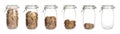 Glass jars with tasty chocolate chip cookies and empty one on white background, collage. Banner design Royalty Free Stock Photo