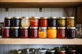 glass jars of various homemade jams on a pantry shelf