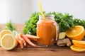 Glass jug of carrot juice, fruits and vegetables Royalty Free Stock Photo