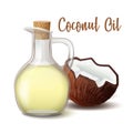 Glass jug with coconut oil closed wooden stopper with coconut vector illustration isolated on white background. Royalty Free Stock Photo