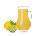 Glass jug of fresh lemon juice on white background Royalty Free Stock Photo