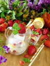 Glass jug is full of ice cubes, berries, lemon and mint