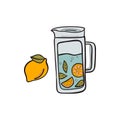 Glass jug with homemade lemonade and lemon