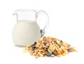 Glass jug with milk and muesli Royalty Free Stock Photo