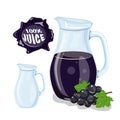 Glass jug with natural juice. Ripe currant. Juice frame. Vector illustration.