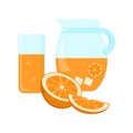 Glass and jug with orange juice, half and slice citrus fruit. Vector illustration Royalty Free Stock Photo