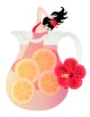 Glass jug with sangria wine and young flamenco dancer girl. Cartoon illustration