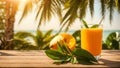 A glass juice cocktail mango on a background of sea and palm trees tropical table